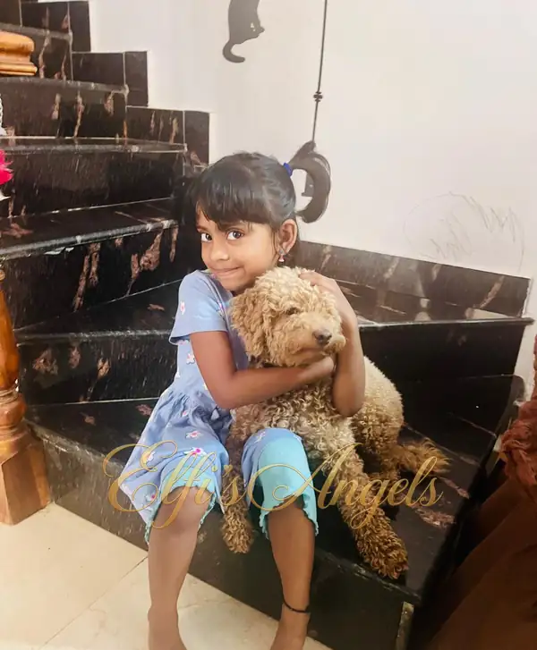 A child holding Iniyan while sitting on the stairs