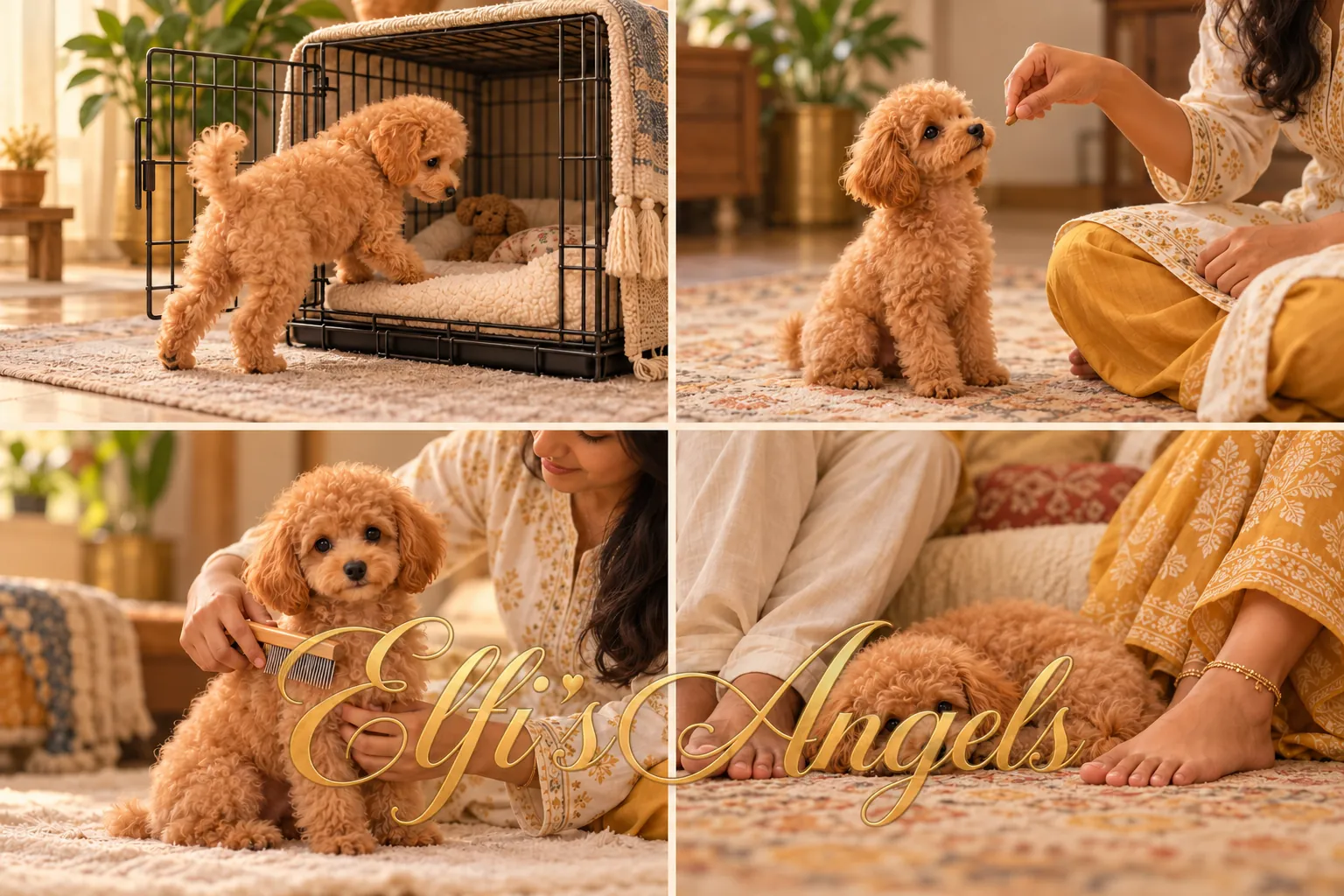 AI illustration showing gentle crate introduction, reward-based sitting, combing and relaxed family time