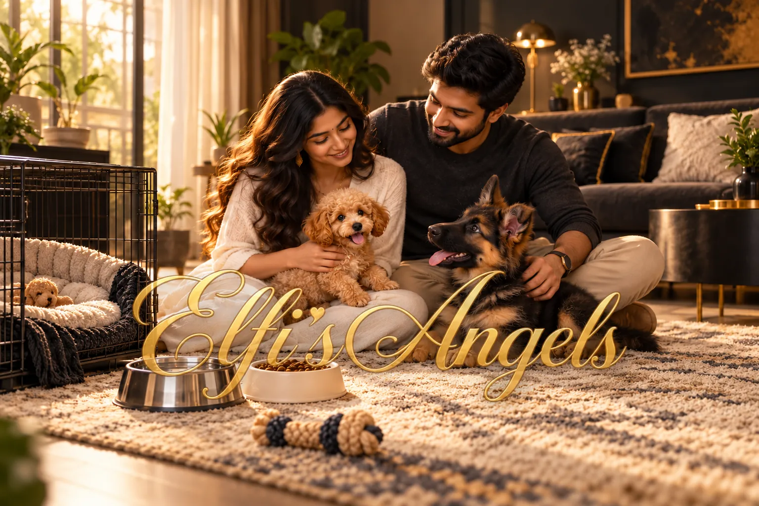 AI illustration of an Indian family welcoming a Poodle and German Shepherd puppy at home